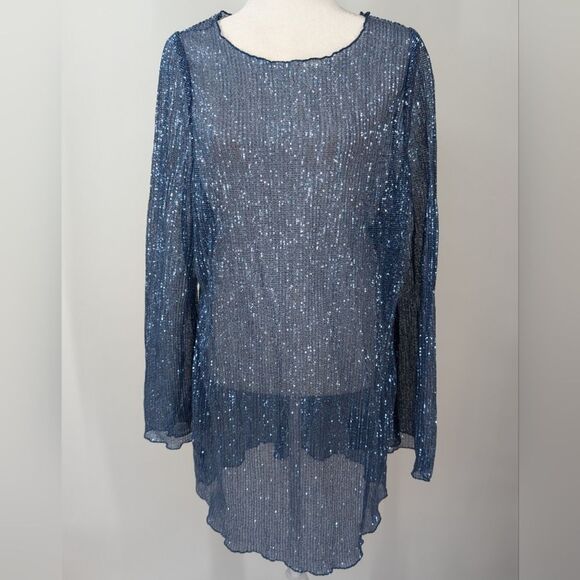 H&M Blue Sheer Sequin Long Sleeve Scoop Neck Mini Party Dress X-Large XL NWT - Picture 2 of 10